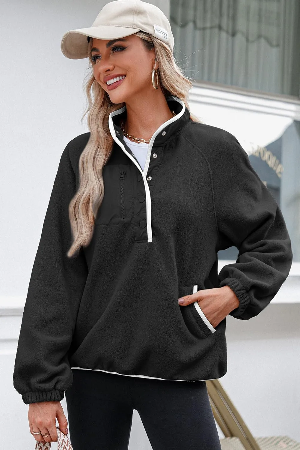 Dokotoo Sweatshirt for Women Oversized Fuzzy Fleece Jacket Color Block Button Long Sleeve Pullover Sherpa Sweatshirts Tops