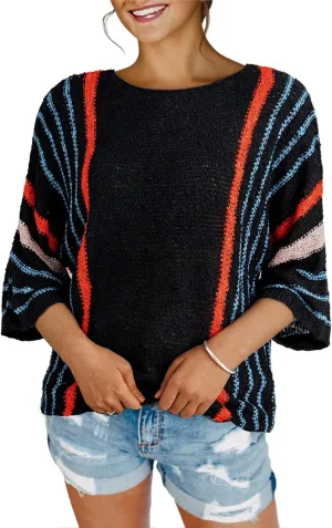 Dokotoo Womens 2025 Summer Casual Color Block Striped Lightweight Comfy Cable Knit Trendy Boho Clothes Pullover Sweaters