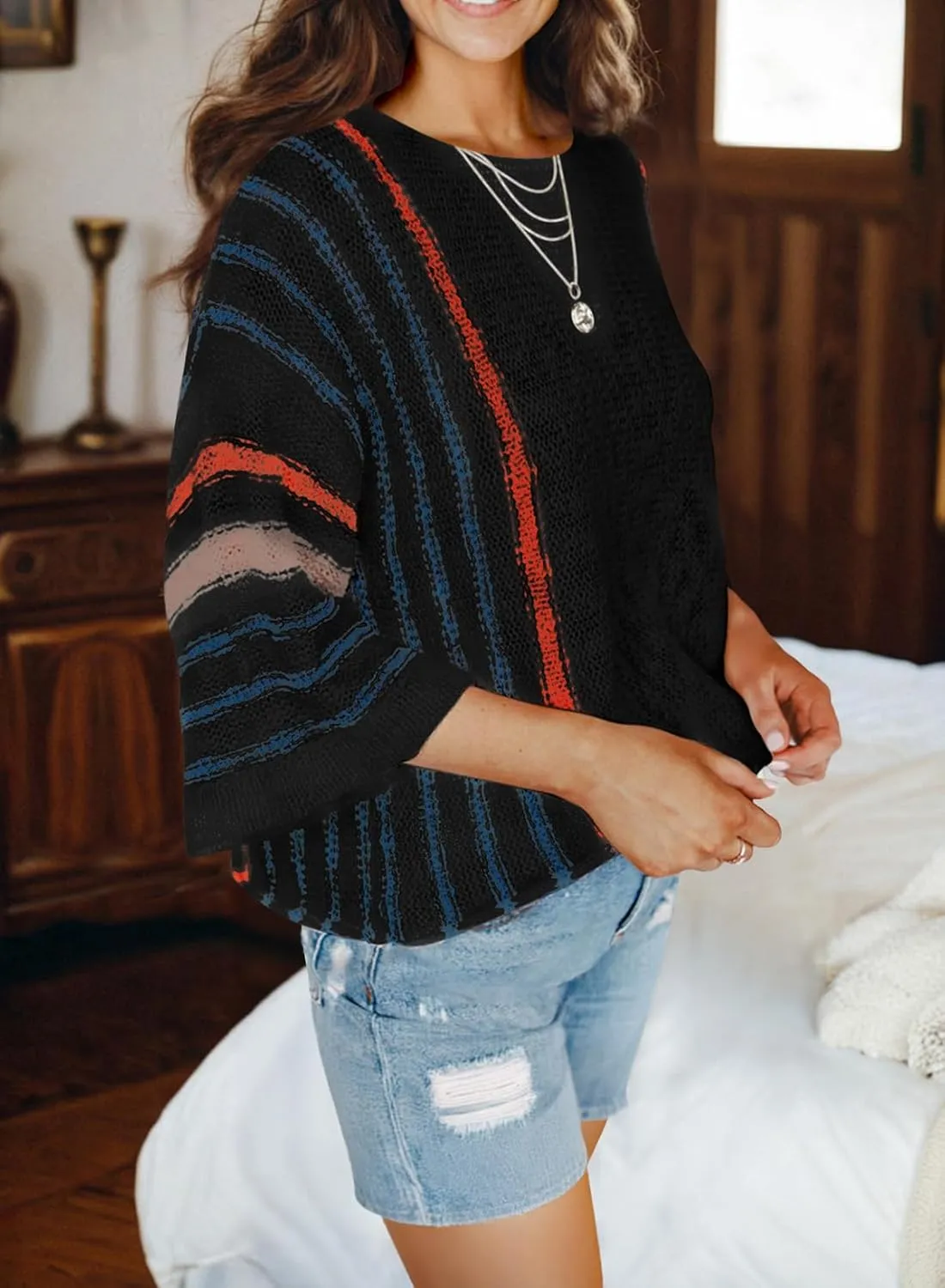 Dokotoo Womens 2025 Summer Casual Color Block Striped Lightweight Comfy Cable Knit Trendy Boho Clothes Pullover Sweaters