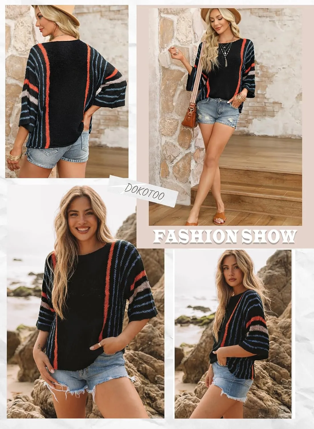 Dokotoo Womens 2025 Summer Casual Color Block Striped Lightweight Comfy Cable Knit Trendy Boho Clothes Pullover Sweaters