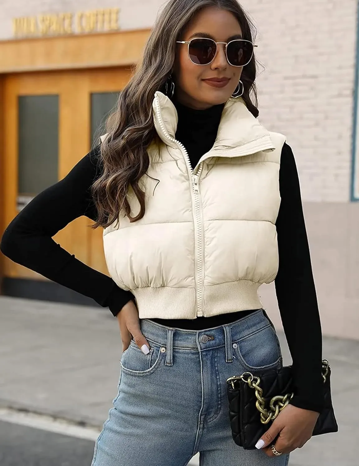 Dqbeng Cropped Puffer Vest Women Zip Up Stand Collar Sleeveless Outerwear Padded Crop Puffy Vests