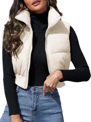 Dqbeng Cropped Puffer Vest Women Zip Up Stand Collar Sleeveless Outerwear Padded Crop Puffy Vests