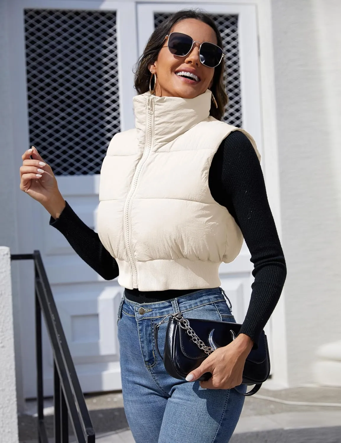 Dqbeng Cropped Puffer Vest Women Zip Up Stand Collar Sleeveless Outerwear Padded Crop Puffy Vests