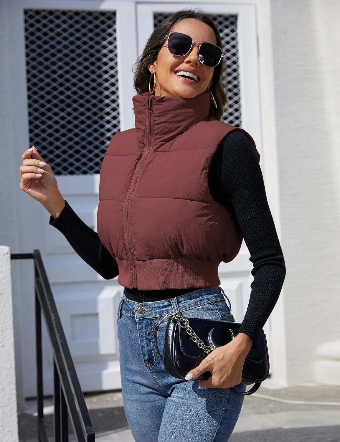 Dqbeng Cropped Puffer Vest Women Zip Up Stand Collar Sleeveless Outerwear Padded Crop Puffy Vests