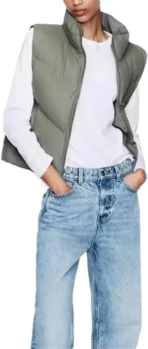 Dvbfufv Female Down Cotton Padded Vest Womens Puffer Vest Sleeveless Zipper Coat Stand Collar Jacket With Pockets