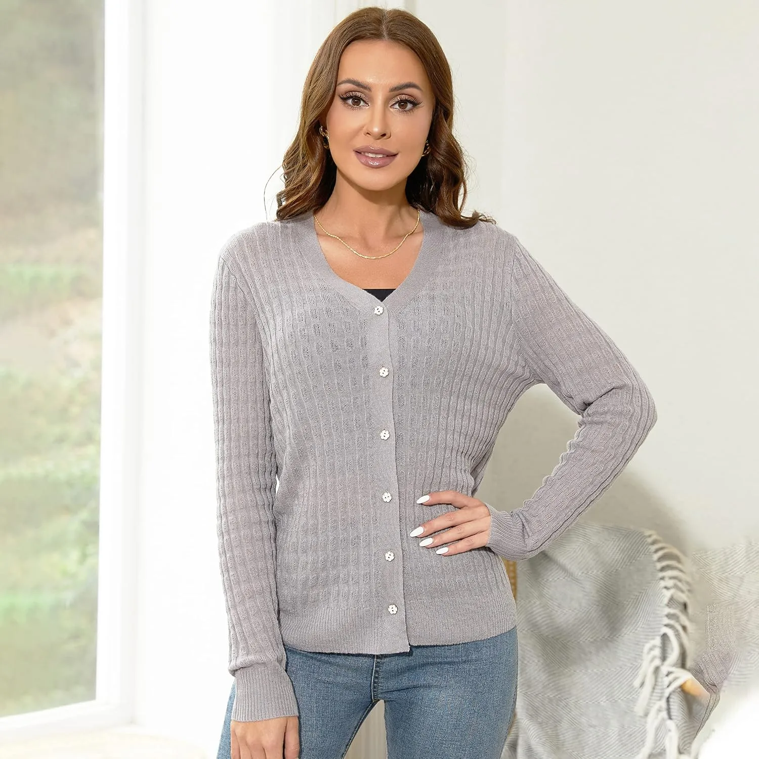 EANUER Women's Lightweight V Neck Long Sleeve Button Down Hollow Out Wool Cardigan Sweaters
