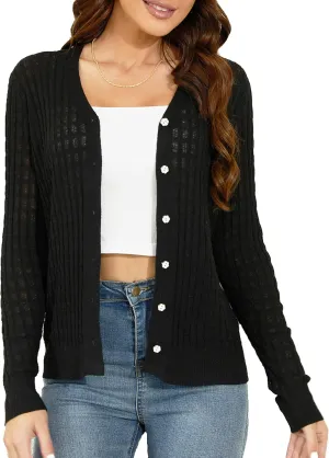 EANUER Women's Lightweight V Neck Long Sleeve Button Down Hollow Out Wool Cardigan Sweaters
