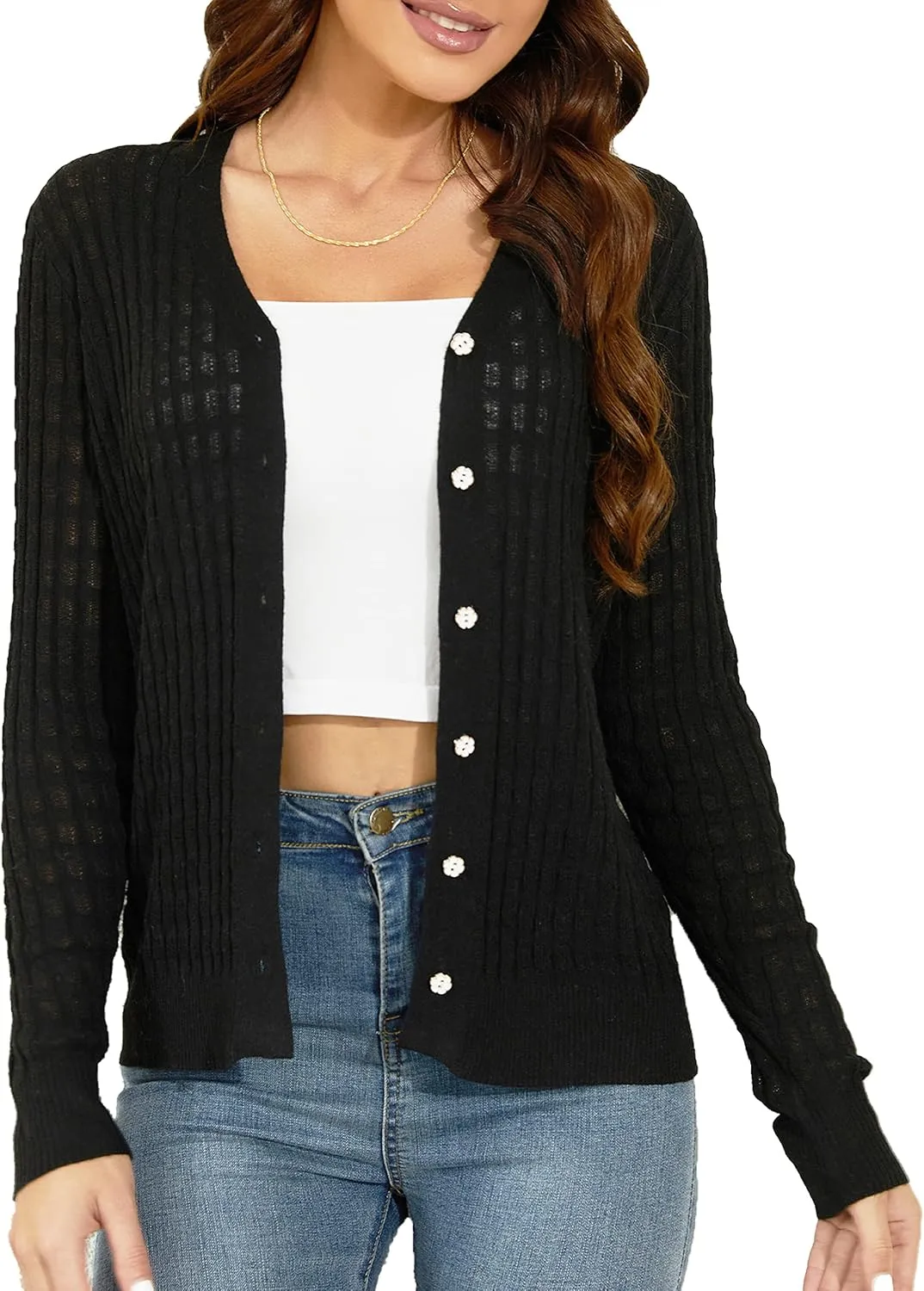 EANUER Women's Lightweight V Neck Long Sleeve Button Down Hollow Out Wool Cardigan Sweaters