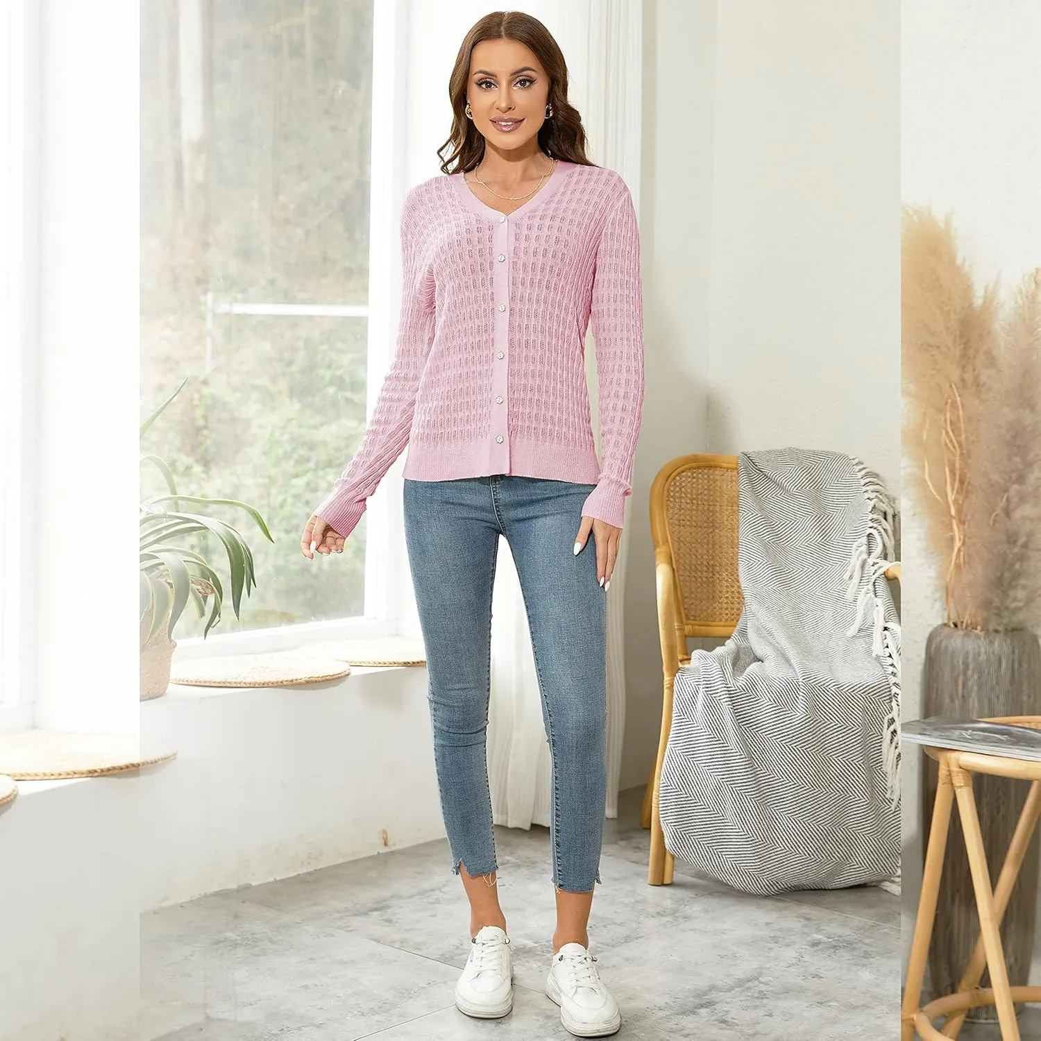 EANUER Women's Lightweight V Neck Long Sleeve Button Down Hollow Out Wool Cardigan Sweaters