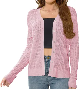 EANUER Women's Lightweight V Neck Long Sleeve Button Down Hollow Out Wool Cardigan Sweaters