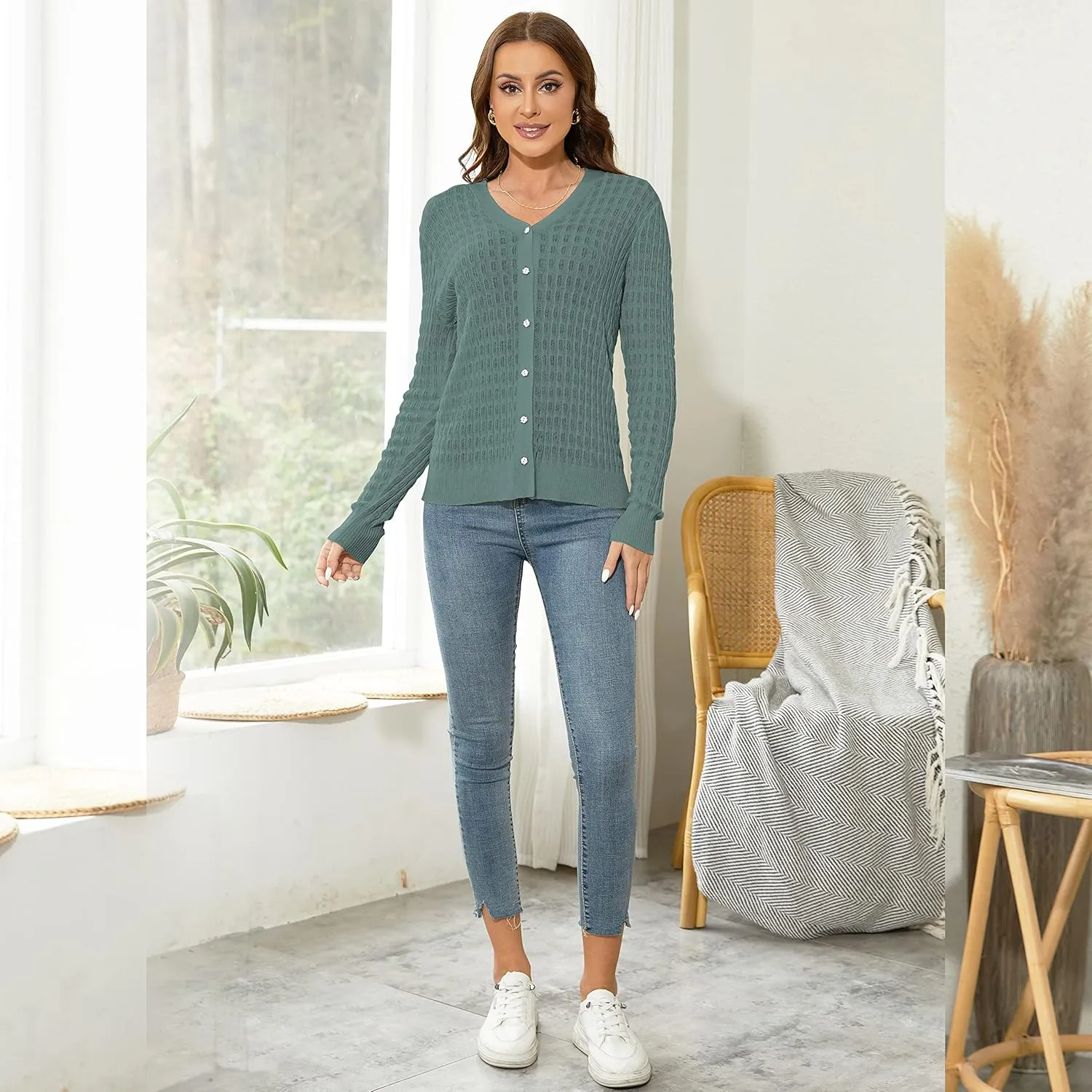 EANUER Women's Lightweight V Neck Long Sleeve Button Down Hollow Out Wool Cardigan Sweaters