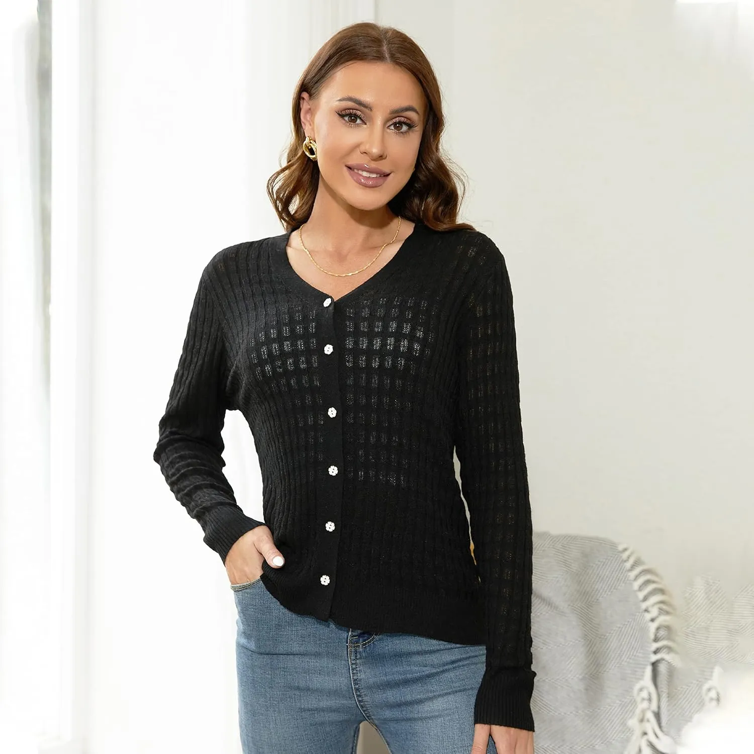 EANUER Women's Lightweight V Neck Long Sleeve Button Down Hollow Out Wool Cardigan Sweaters