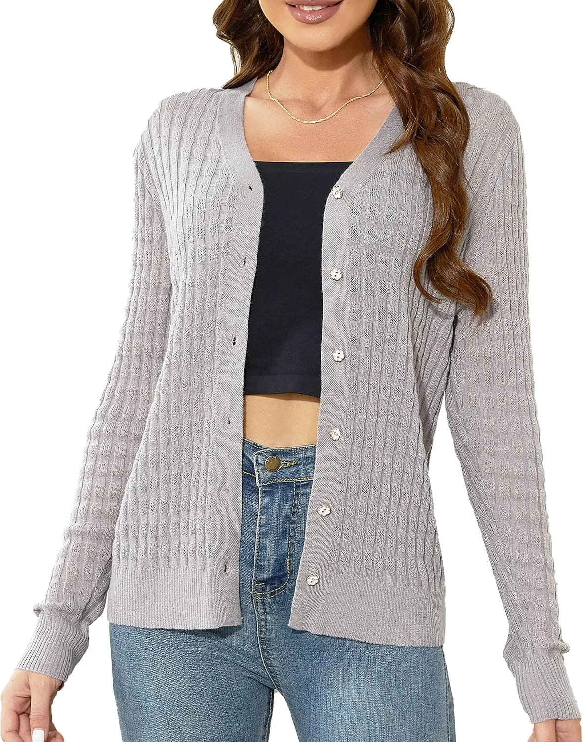 EANUER Women's Lightweight V Neck Long Sleeve Button Down Hollow Out Wool Cardigan Sweaters