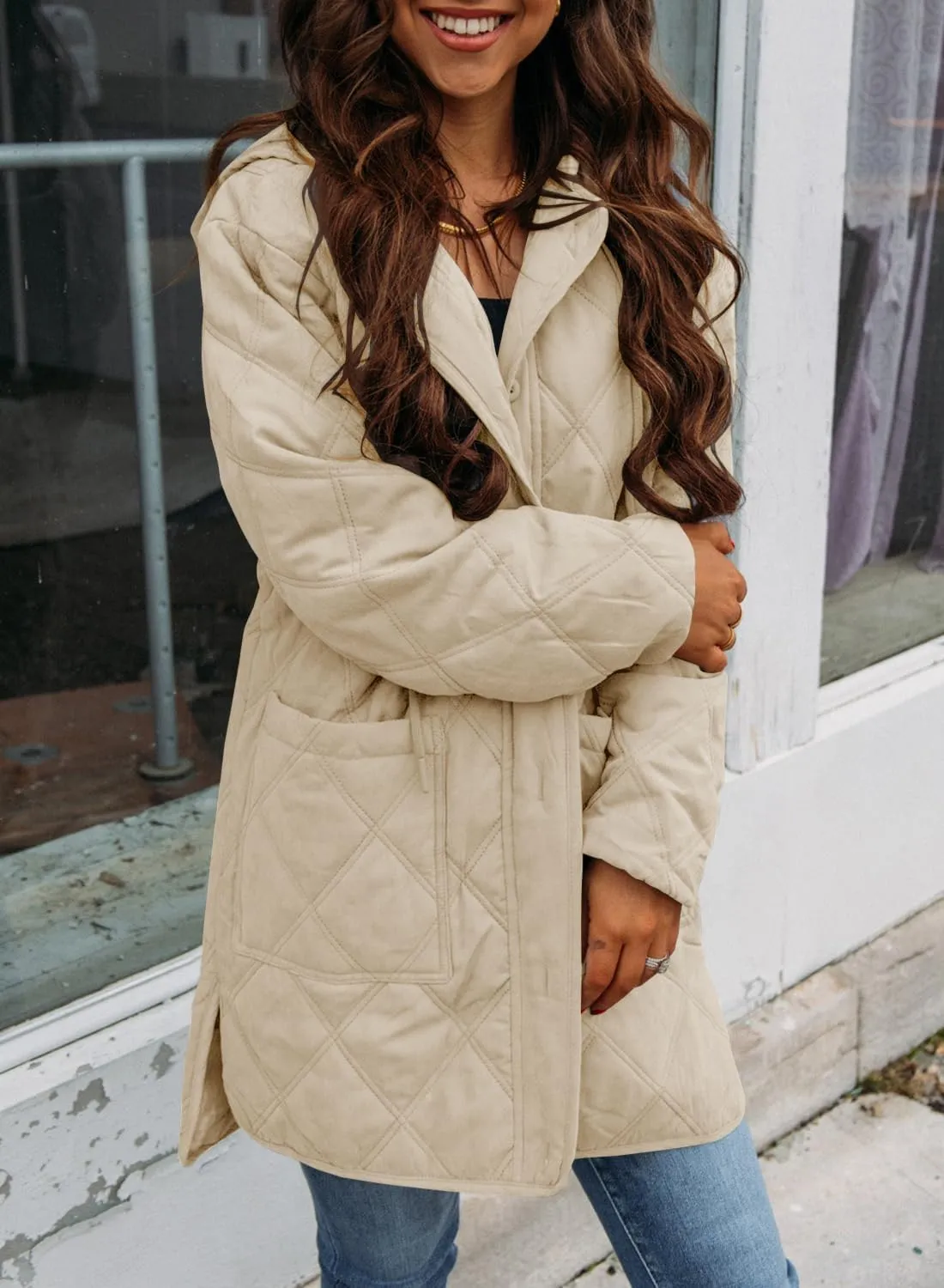 Ebifin Womens Long Quilted Puffer Jacket Winter Warm Hooded Lightweight Parkas Coat with Pockets