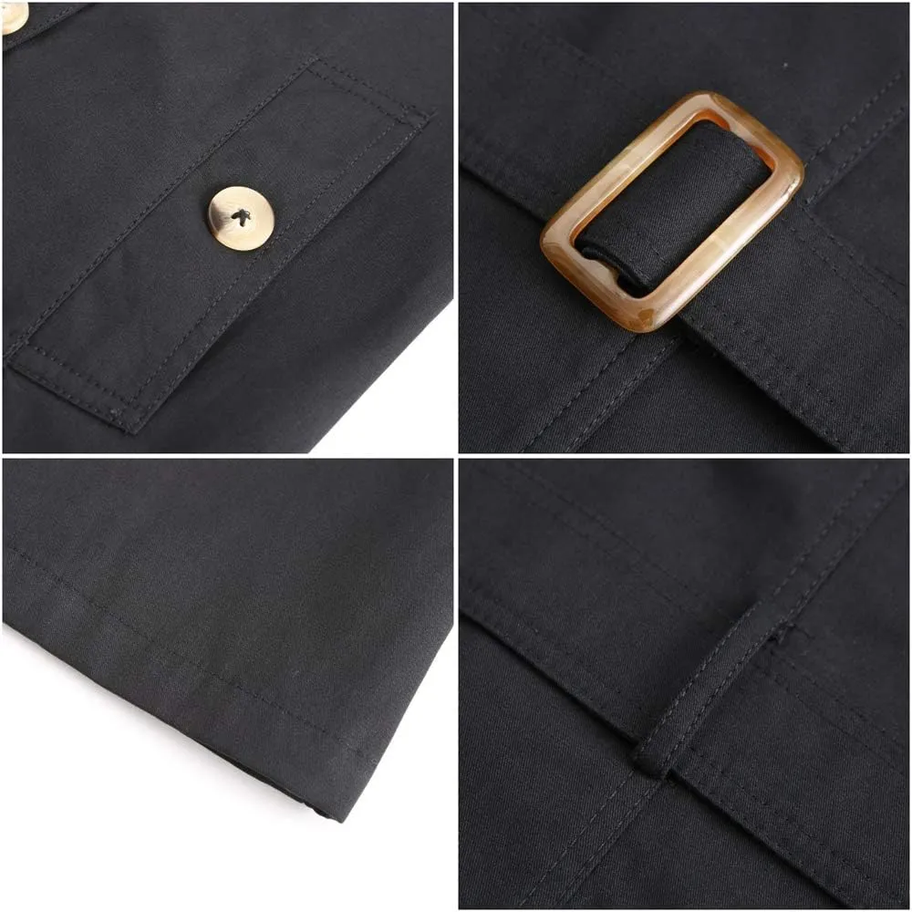 ebossy Women's Vintage 3/4 Length Double-Breasted Notched Lapel Collar Mid Long Trench Coat with Removable Belt