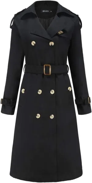 ebossy Women's Vintage 3/4 Length Double-Breasted Notched Lapel Collar Mid Long Trench Coat with Removable Belt
