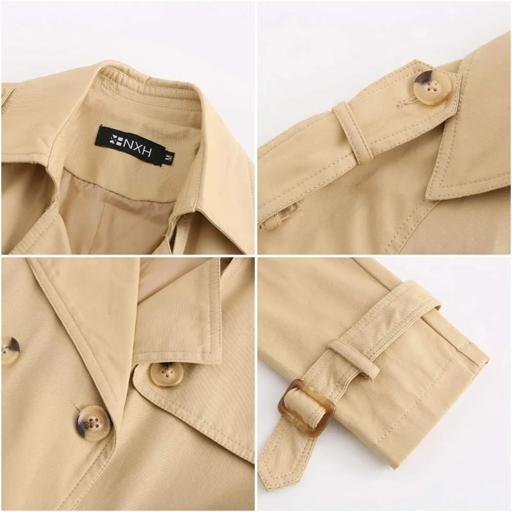 ebossy Women's Vintage 3/4 Length Double-Breasted Notched Lapel Collar Mid Long Trench Coat with Removable Belt