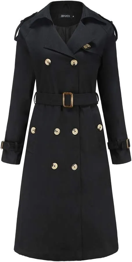 ebossy Women's Vintage 3/4 Length Double-Breasted Notched Lapel Collar Mid Long Trench Coat with Removable Belt