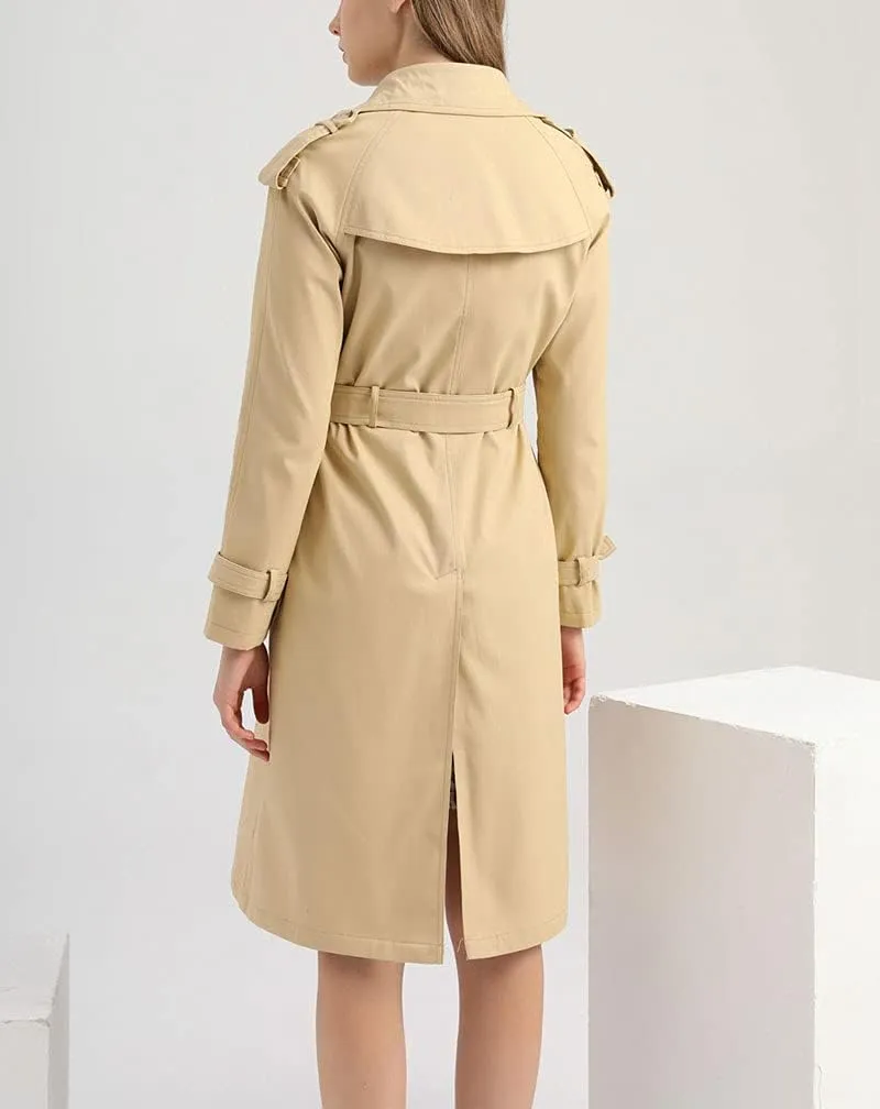 ebossy Women's Vintage 3/4 Length Double-Breasted Notched Lapel Collar Mid Long Trench Coat with Removable Belt