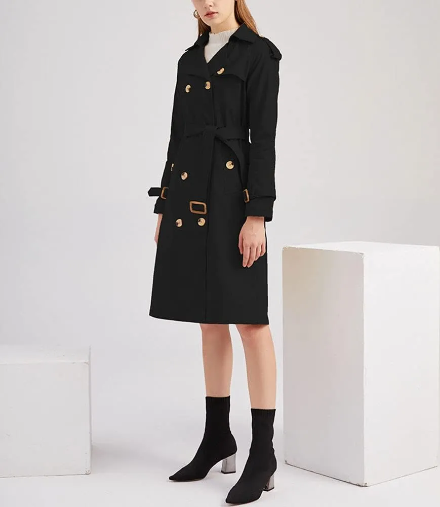 ebossy Women's Vintage 3/4 Length Double-Breasted Notched Lapel Collar Mid Long Trench Coat with Removable Belt