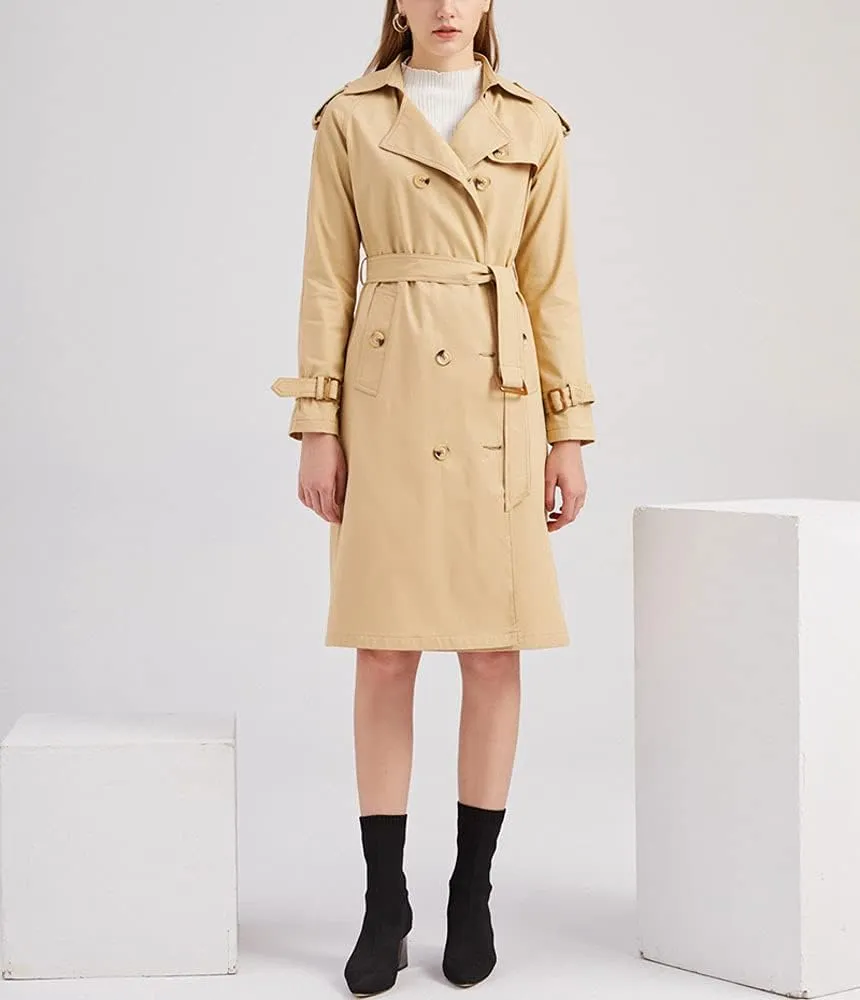 ebossy Women's Vintage 3/4 Length Double-Breasted Notched Lapel Collar Mid Long Trench Coat with Removable Belt