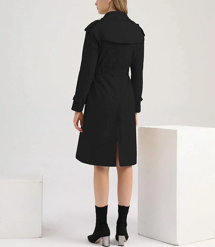 ebossy Women's Vintage 3/4 Length Double-Breasted Notched Lapel Collar Mid Long Trench Coat with Removable Belt