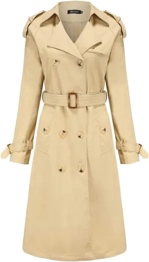 ebossy Women's Vintage 3/4 Length Double-Breasted Notched Lapel Collar Mid Long Trench Coat with Removable Belt