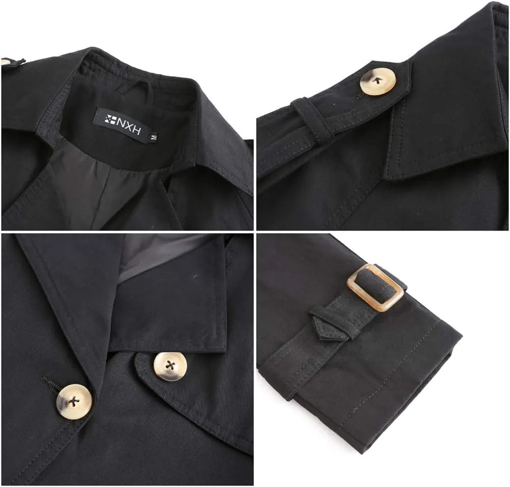ebossy Women's Vintage 3/4 Length Double-Breasted Notched Lapel Collar Mid Long Trench Coat with Removable Belt