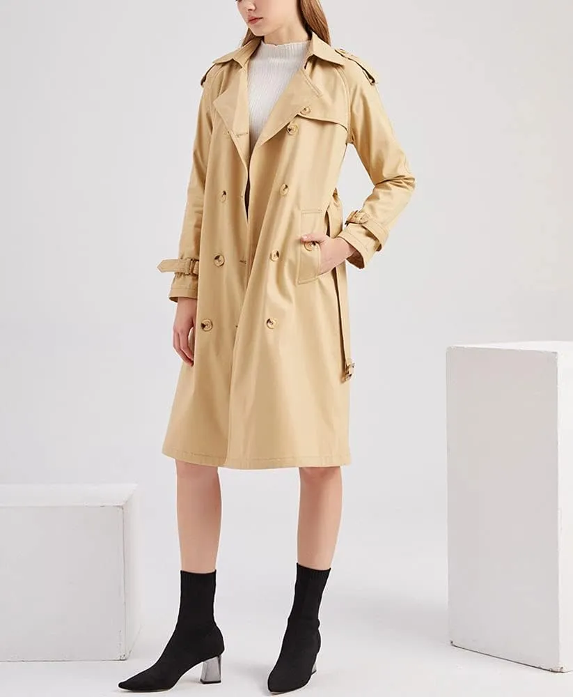 ebossy Women's Vintage 3/4 Length Double-Breasted Notched Lapel Collar Mid Long Trench Coat with Removable Belt