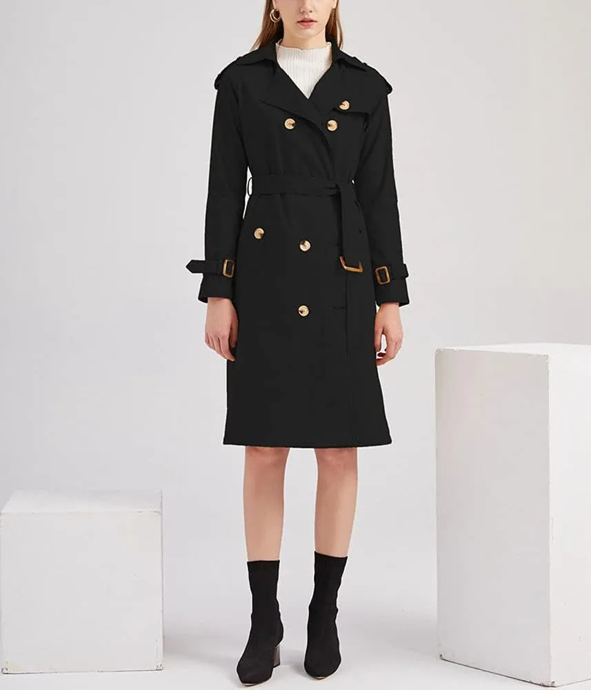 ebossy Women's Vintage 3/4 Length Double-Breasted Notched Lapel Collar Mid Long Trench Coat with Removable Belt
