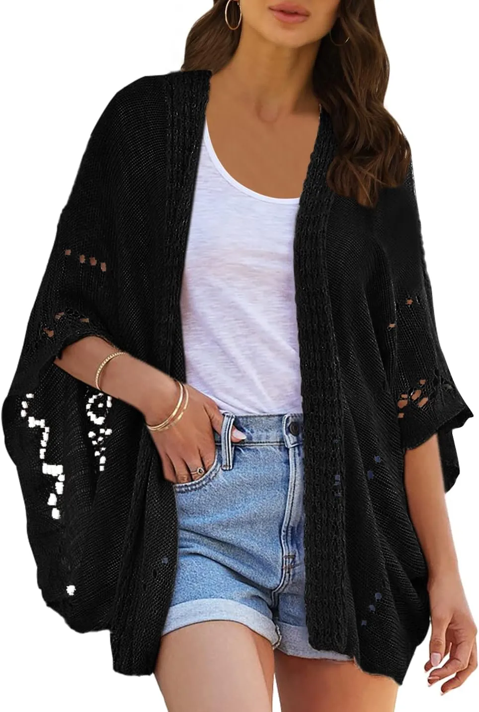Ermonn Crochet Cardigan Sweaters for Women Open Front Kimono Batwing Sleeve Plain Casual Lightweight Outerwear