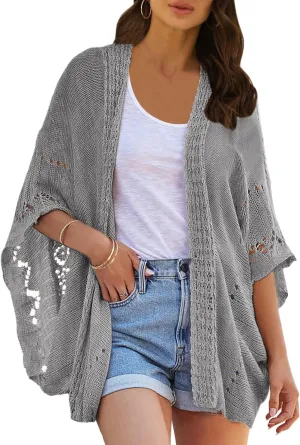 Ermonn Crochet Cardigan Sweaters for Women Open Front Kimono Batwing Sleeve Plain Casual Lightweight Outerwear