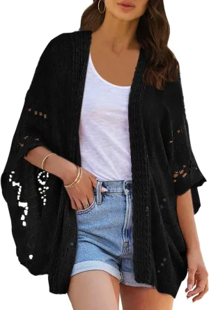 Ermonn Crochet Cardigan Sweaters for Women Open Front Kimono Batwing Sleeve Plain Casual Lightweight Outerwear