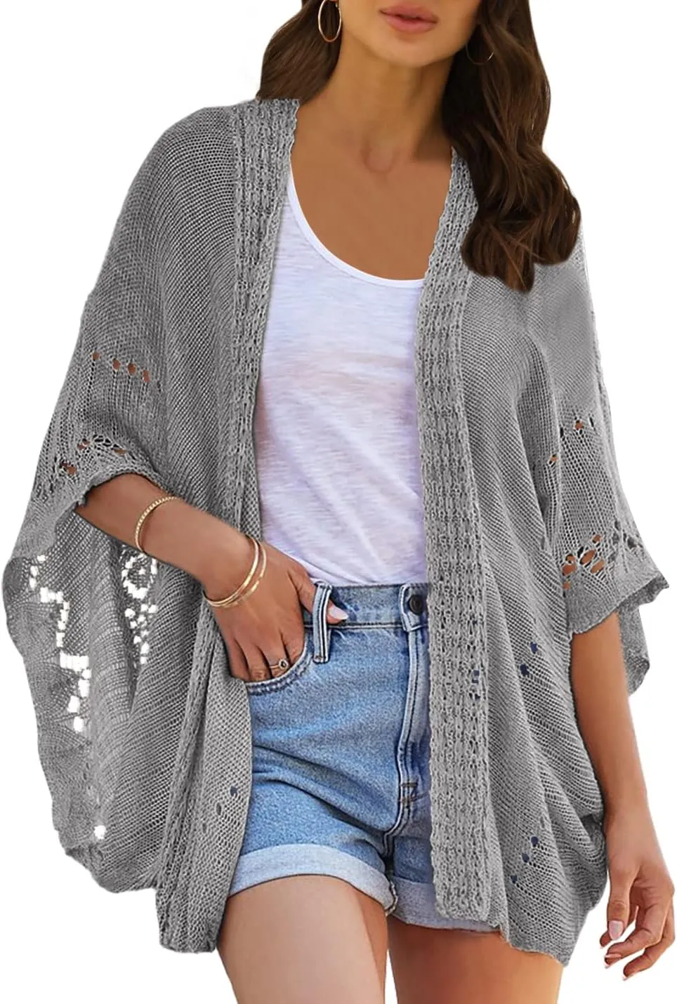 Ermonn Crochet Cardigan Sweaters for Women Open Front Kimono Batwing Sleeve Plain Casual Lightweight Outerwear