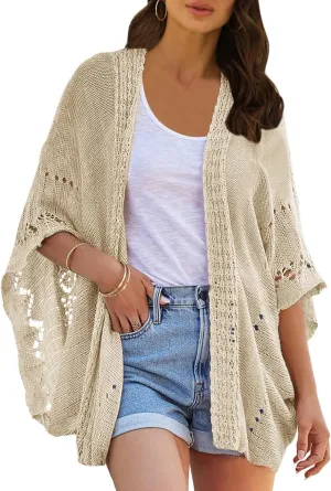 Ermonn Crochet Cardigan Sweaters for Women Open Front Kimono Batwing Sleeve Plain Casual Lightweight Outerwear