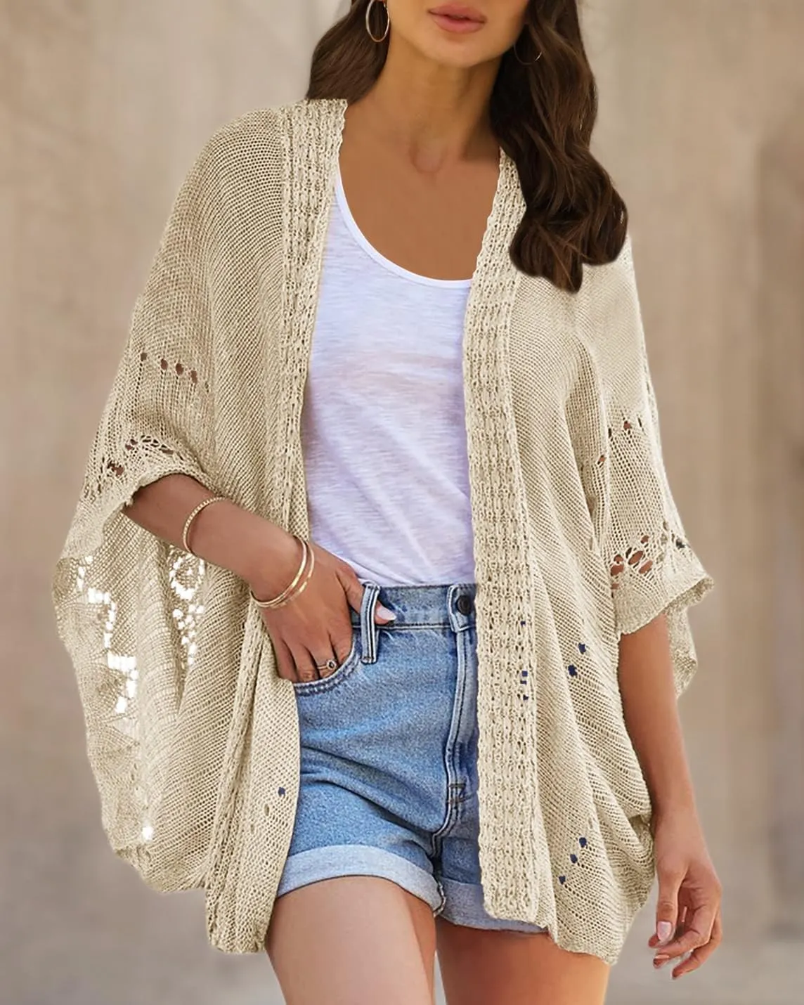 Ermonn Crochet Cardigan Sweaters for Women Open Front Kimono Batwing Sleeve Plain Casual Lightweight Outerwear