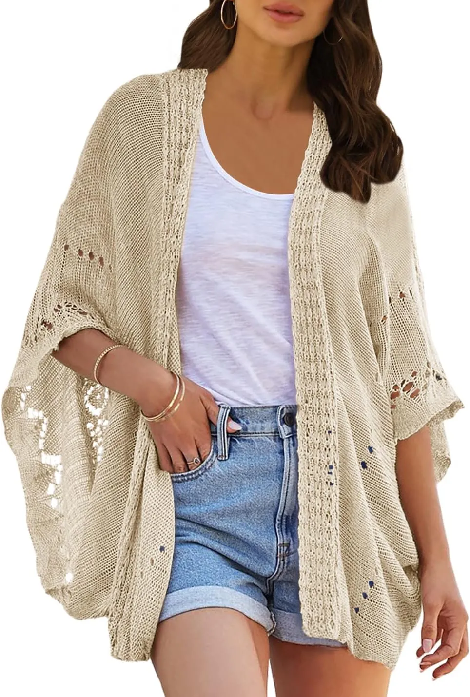 Ermonn Crochet Cardigan Sweaters for Women Open Front Kimono Batwing Sleeve Plain Casual Lightweight Outerwear