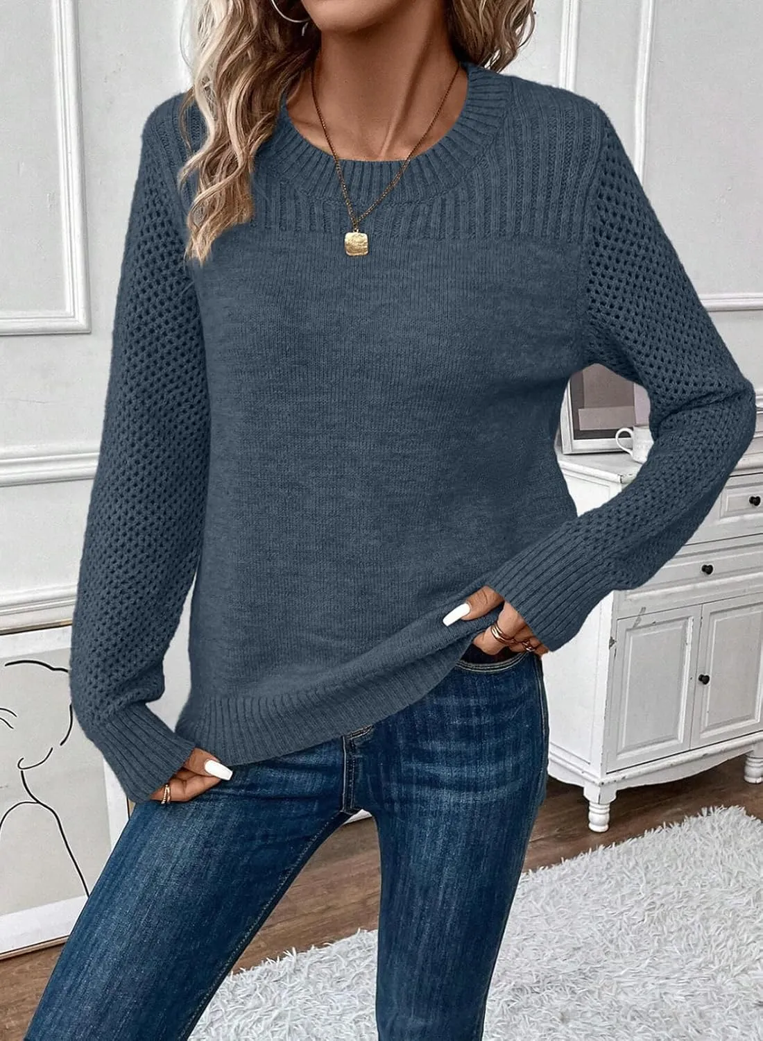 EVALESS Womens Sweaters Casual Long Sleeve Crewneck Cable Knit Lightweight Oversized Crochet Sweater Pullover Tops