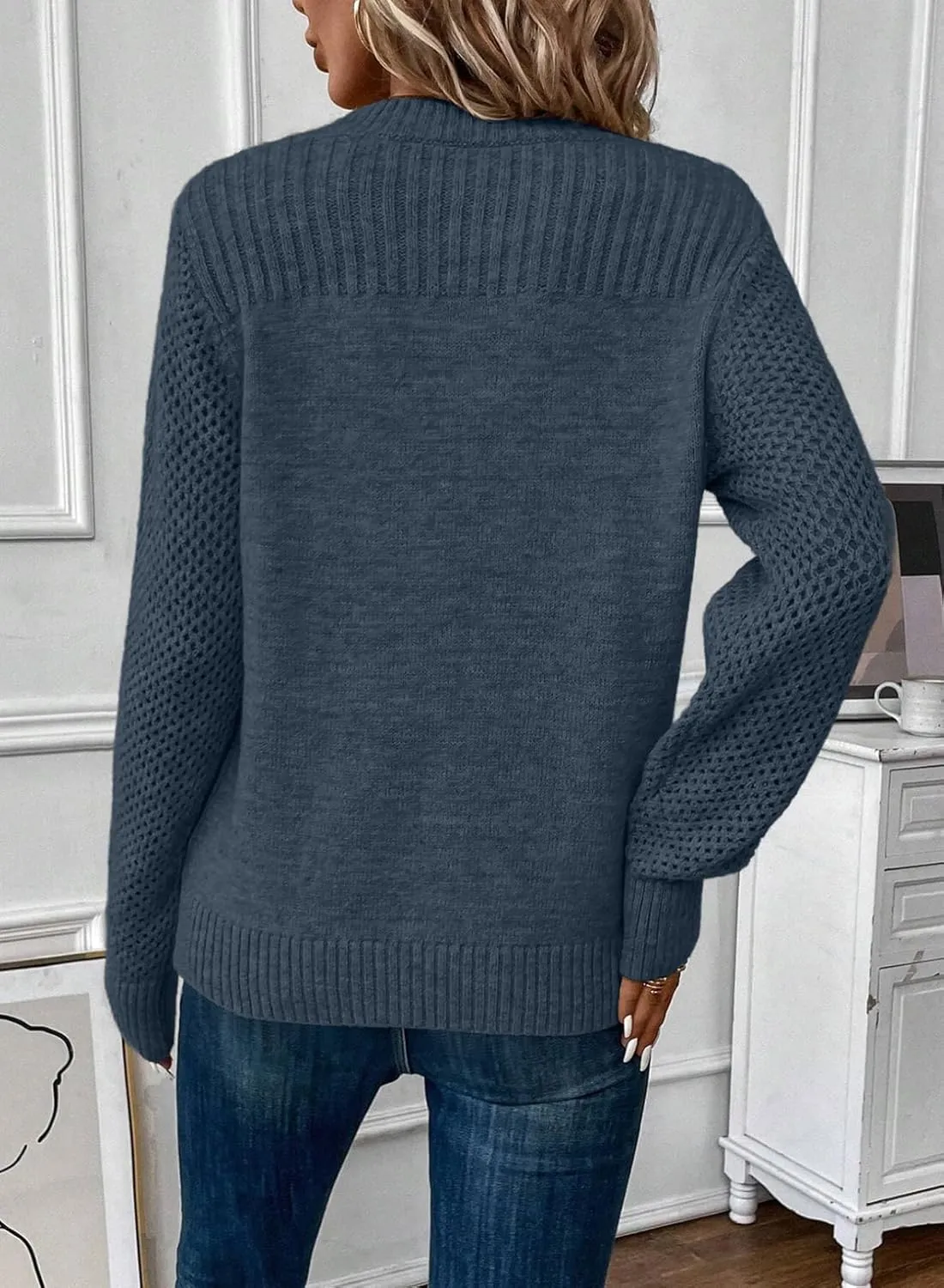 EVALESS Womens Sweaters Casual Long Sleeve Crewneck Cable Knit Lightweight Oversized Crochet Sweater Pullover Tops