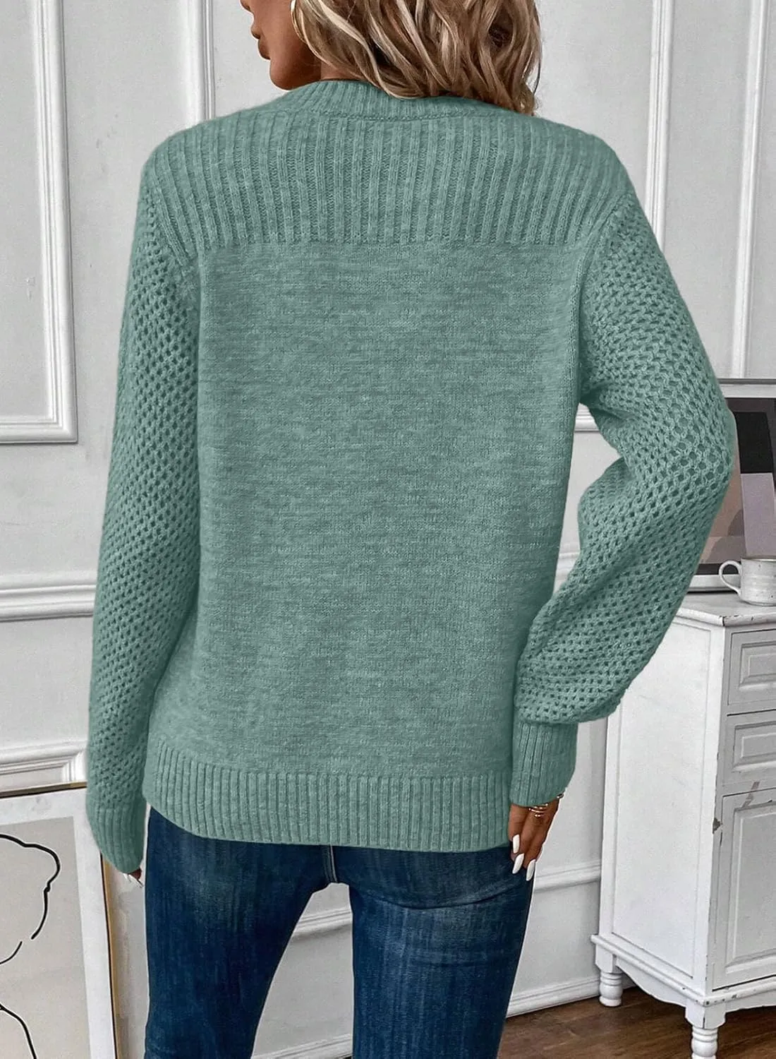 EVALESS Womens Sweaters Casual Long Sleeve Crewneck Cable Knit Lightweight Oversized Crochet Sweater Pullover Tops