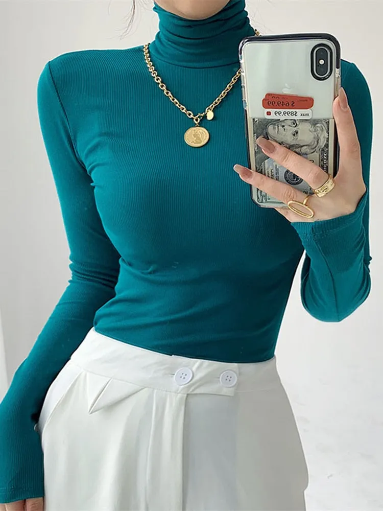 FashionSierra - Slim Velvet Turtleneck Minimalist Tops
