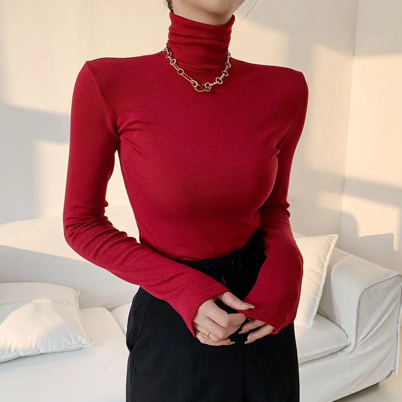 FashionSierra - Slim Velvet Turtleneck Minimalist Tops