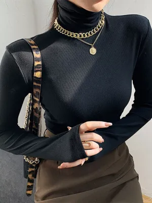 FashionSierra - Slim Velvet Turtleneck Minimalist Tops
