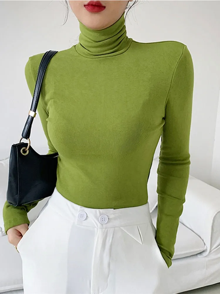FashionSierra - Slim Velvet Turtleneck Minimalist Tops