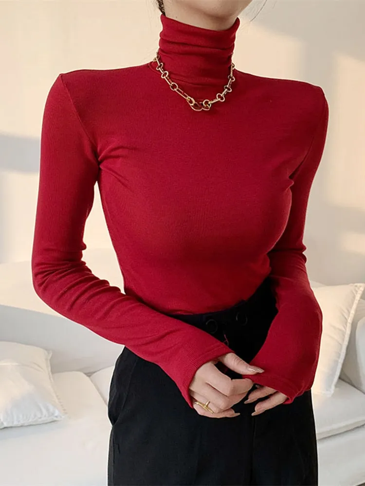 FashionSierra - Slim Velvet Turtleneck Minimalist Tops