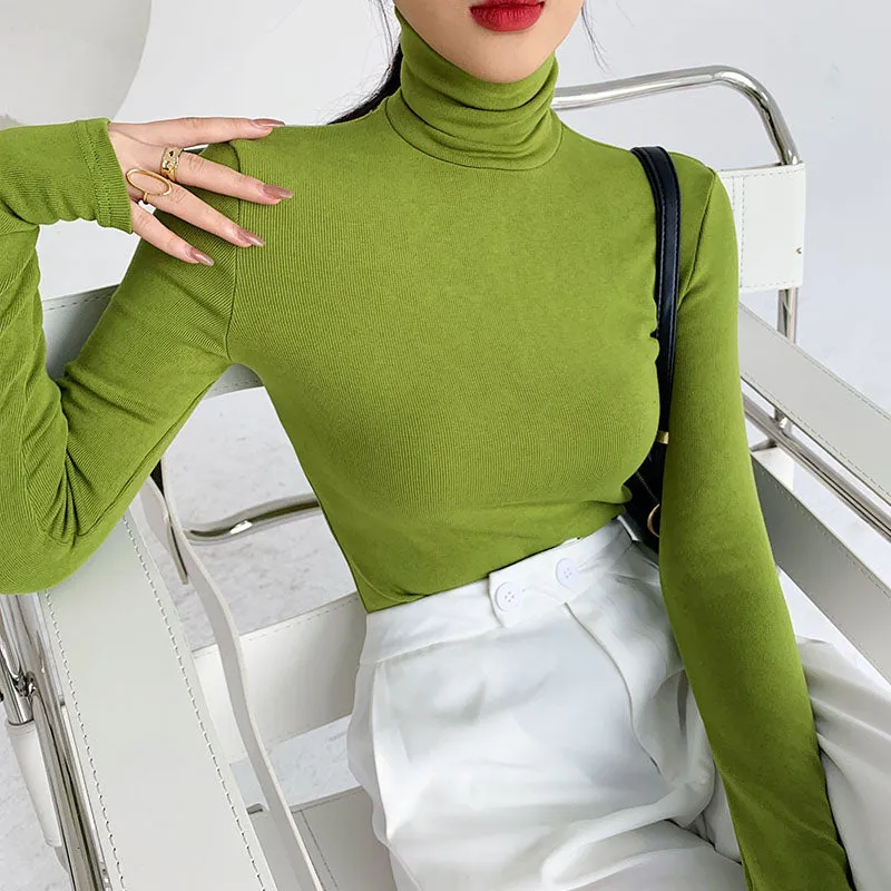 FashionSierra - Slim Velvet Turtleneck Minimalist Tops