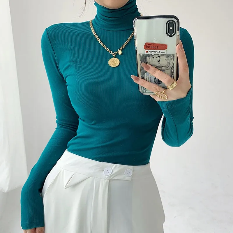 FashionSierra - Slim Velvet Turtleneck Minimalist Tops