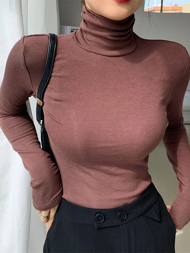 FashionSierra - Slim Velvet Turtleneck Minimalist Tops