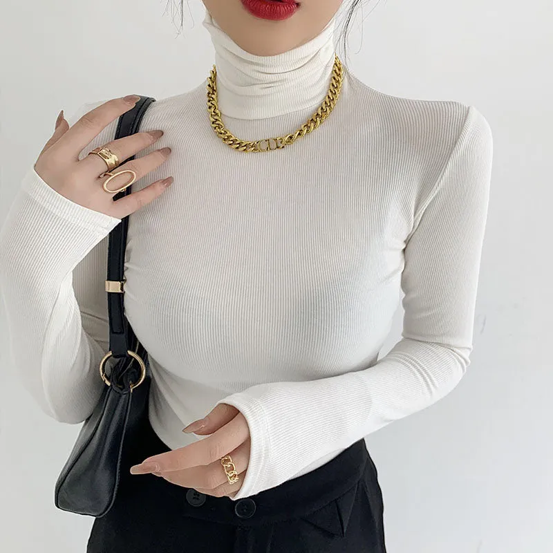 FashionSierra - Slim Velvet Turtleneck Minimalist Tops