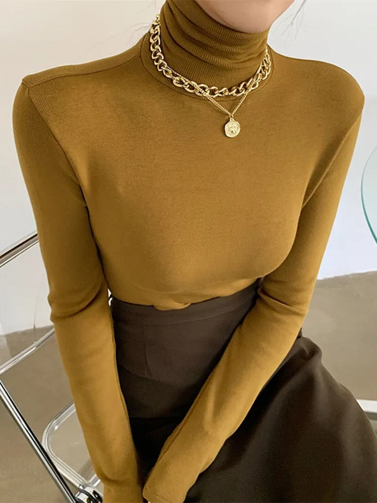 FashionSierra - Slim Velvet Turtleneck Minimalist Tops